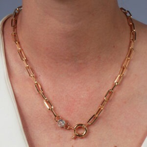 Colar elos retangulres com pingente fecho boia e zircônia cristal banhado em ouro 18k