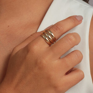 Anel largo três fios lisos banhado em ouro 18k