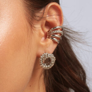 Kit brinco trançado com piercing fake fios banhado em ouro branco